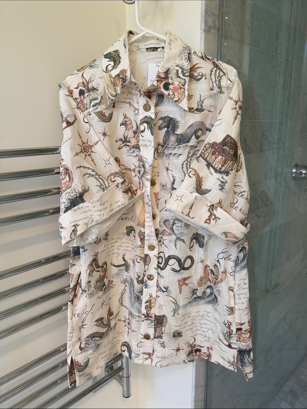 Zimmermann Cream Nautical Print Short-Sleeve Button-Down Shirt